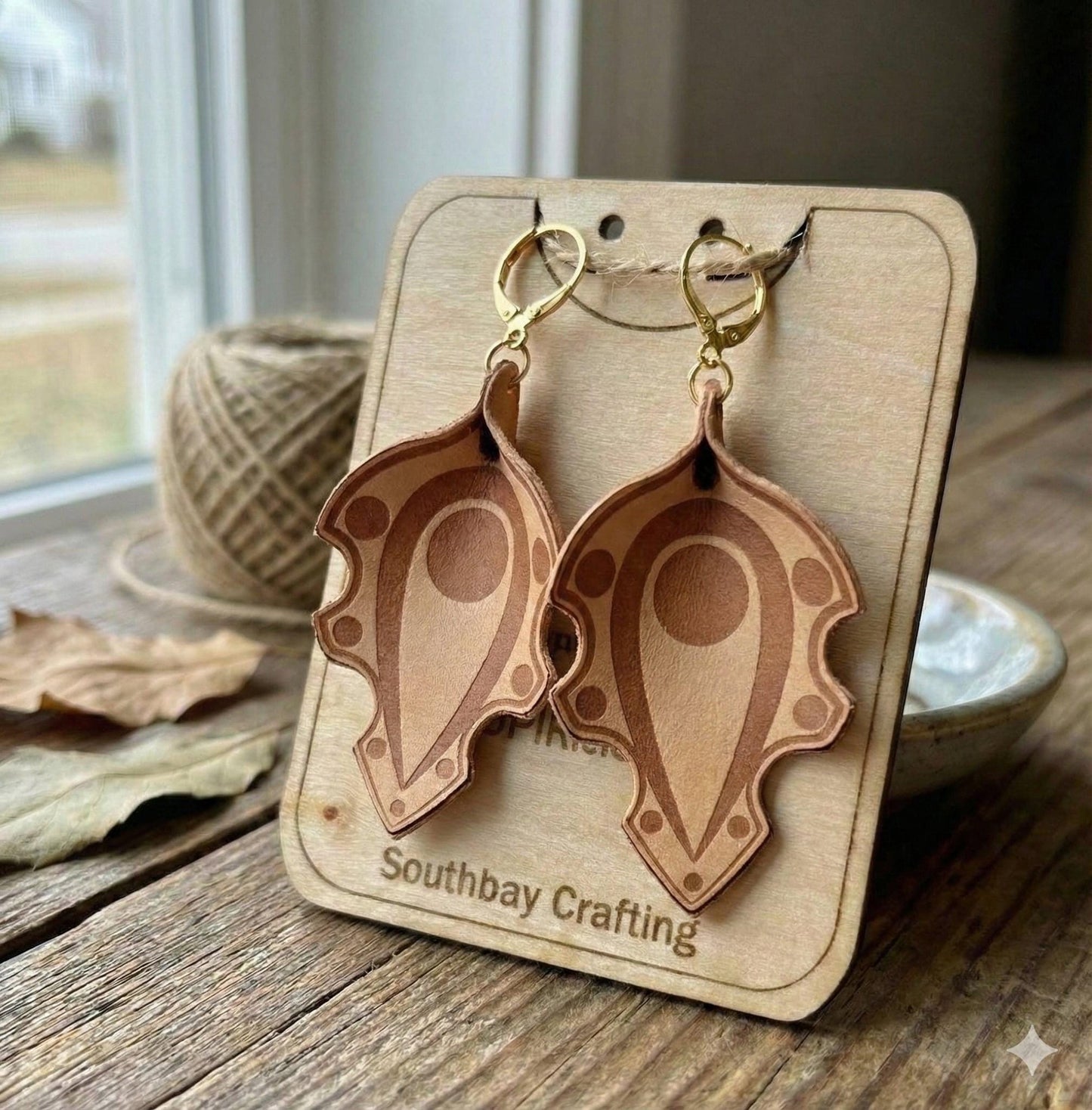 Vegetable Tan Leather Earrings, Stainless Steel Leverbacks