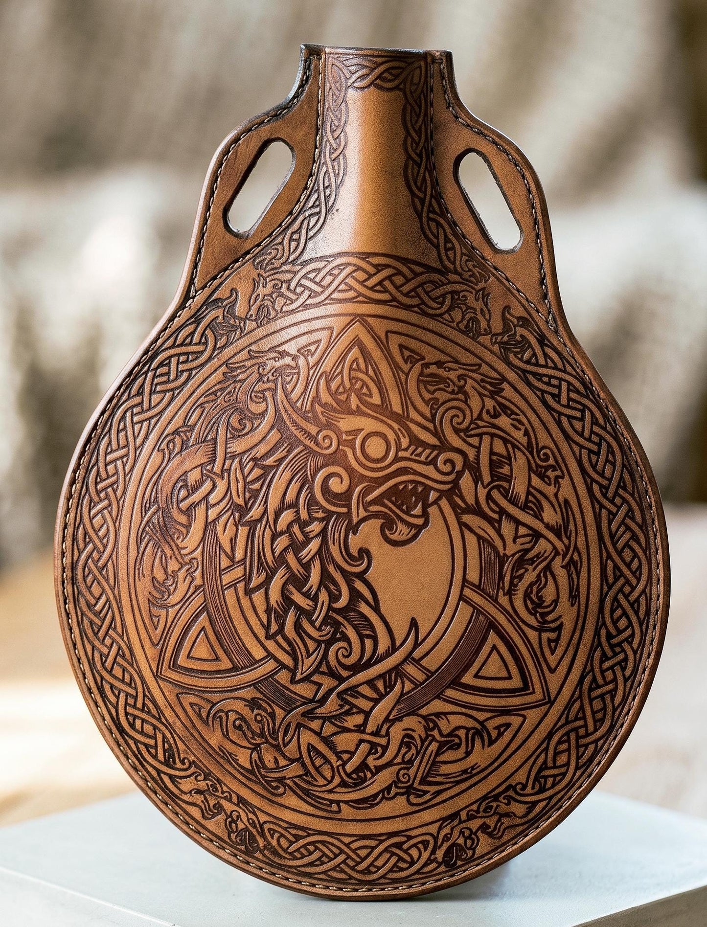 Decorative Hand-Tooled Leather Canteen – Celtic Dragon Norse Flask, Viking Style Water Bottle