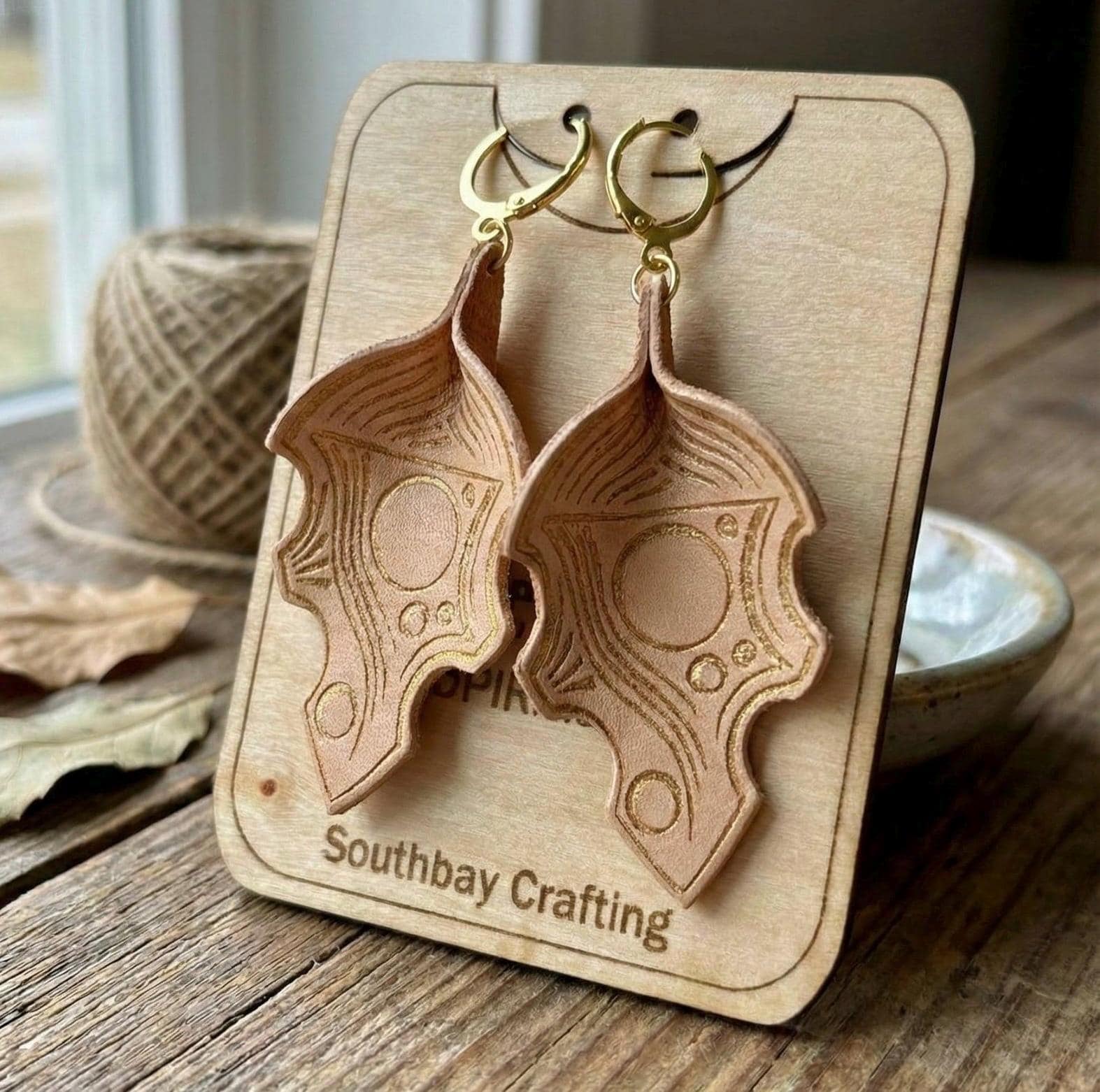 Vegetable Tan Leather Earrings, Stainless Steel Leverbacks