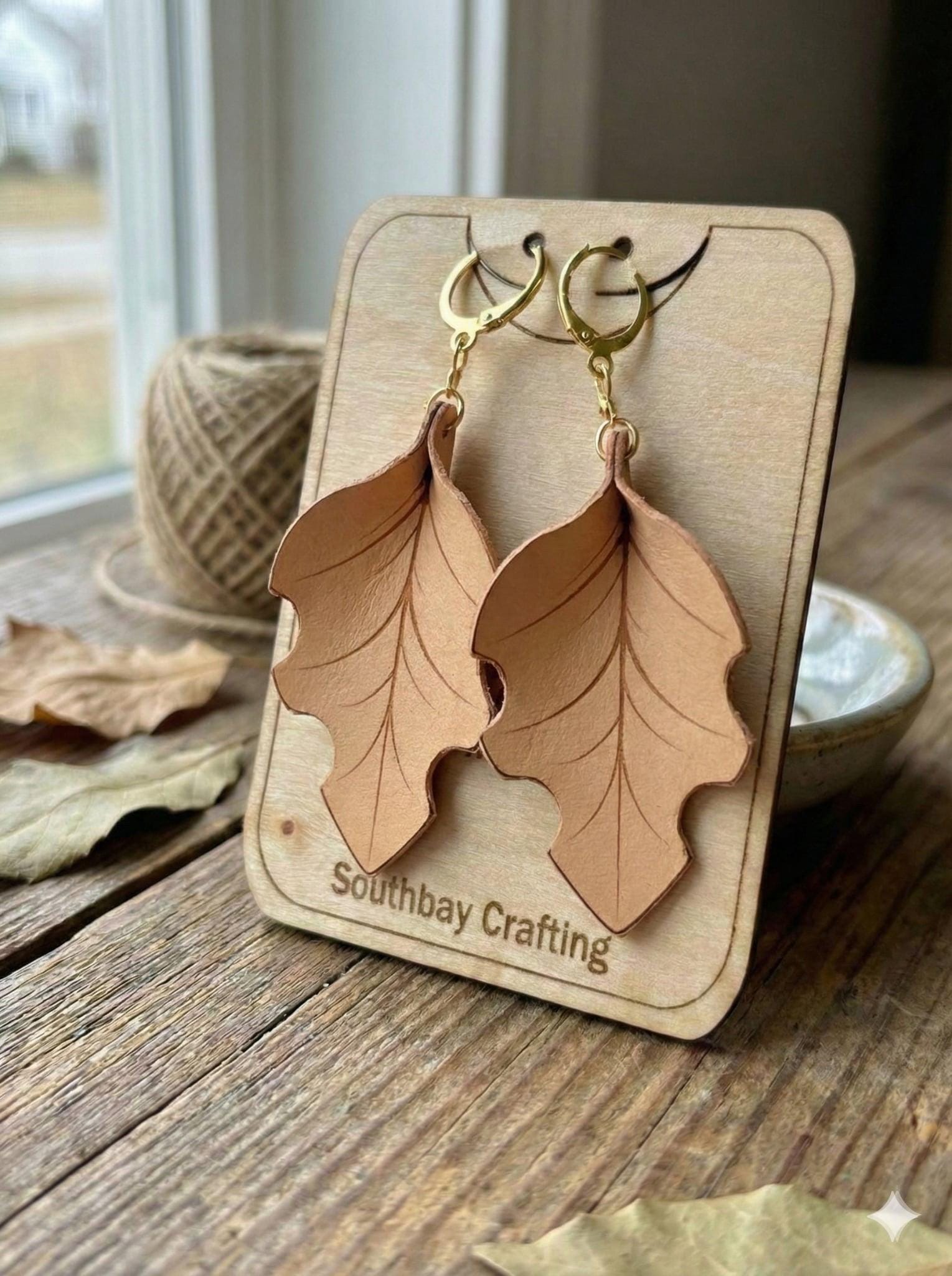 Vegetable Tan Leather Earrings, Stainless Steel Leverbacks