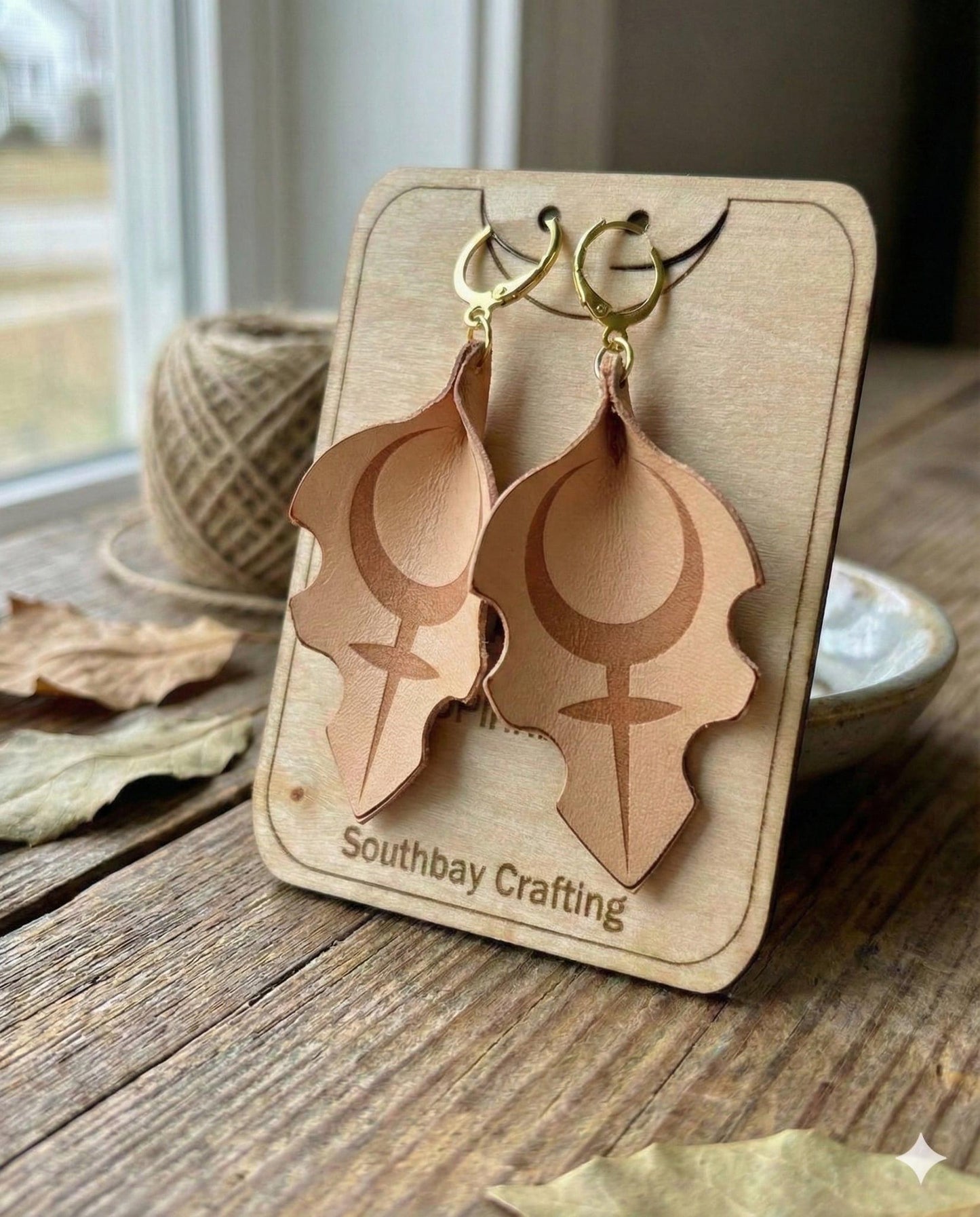 Vegetable Tan Leather Earrings, Stainless Steel Leverbacks