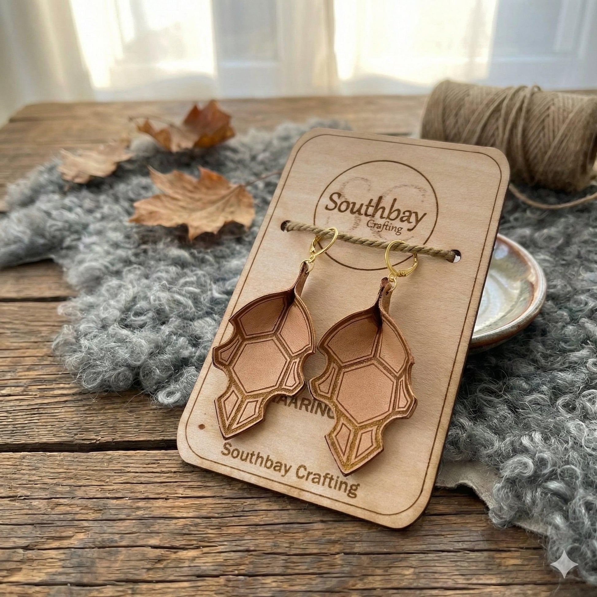 Vegetable Tan Leather Earrings, Stainless Steel Leverbacks
