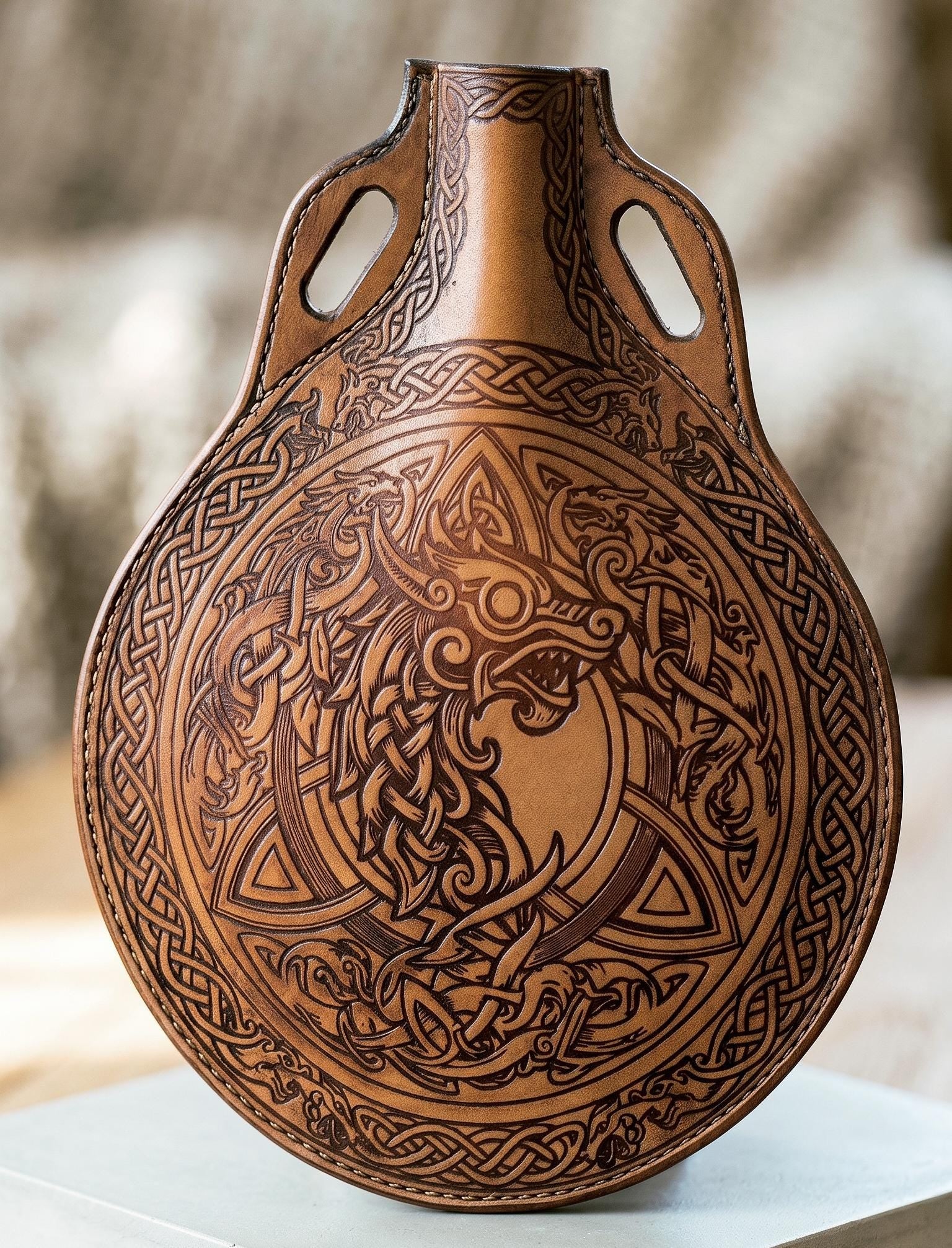 Decorative Hand-Tooled Leather Canteen – Celtic Dragon Norse Flask, Viking Style Water Bottle